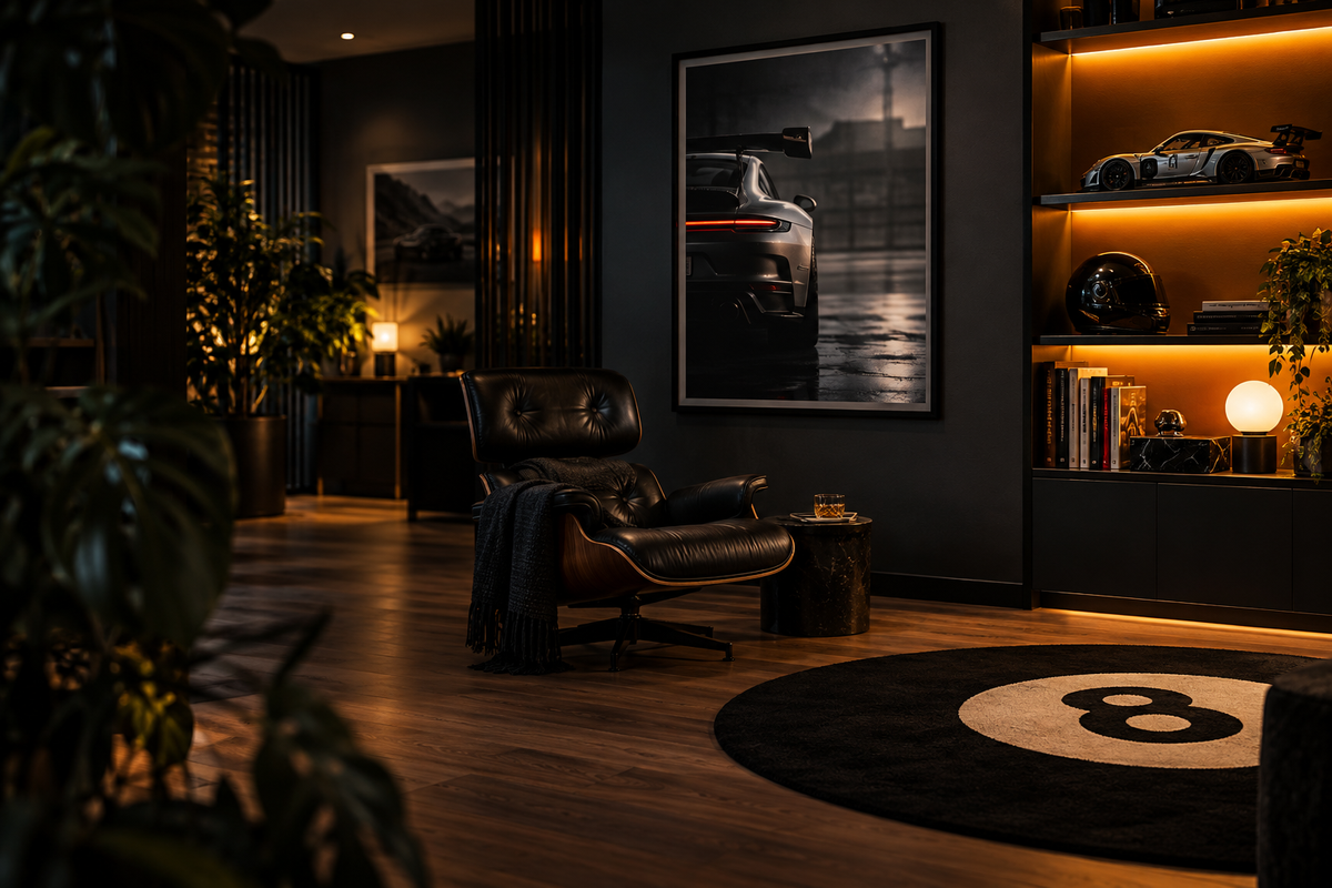 Stemningsbillede af et mancave med varm belysning, modelbil og 8-ball tæppe